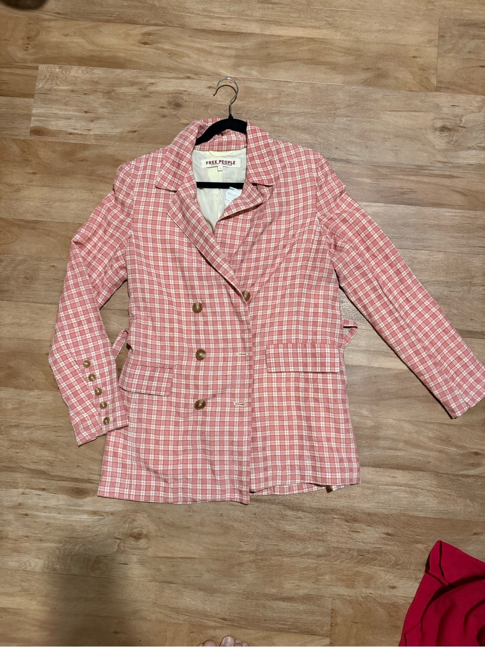 Free People Pink Plaid Double-Breasted Blazer Jacket